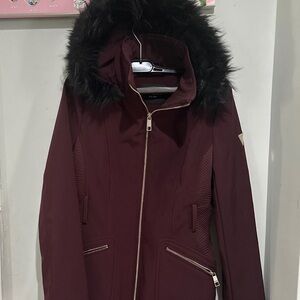 Guess Women's Dark Red Ski Jacket with Faux Fur Hood